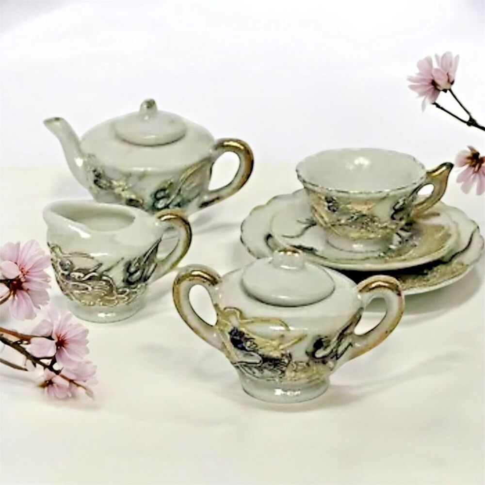 Miniature Dragon Tea Set 6-Piece Bone China Cream Color – Vintage Collectible